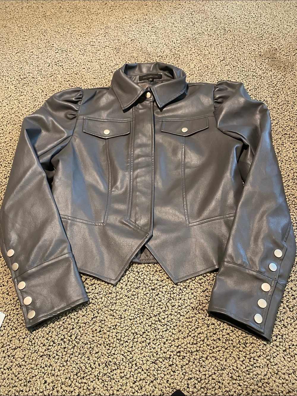 Dance & Marvel Gray Faux Leather Puff-Sleeve Jacket